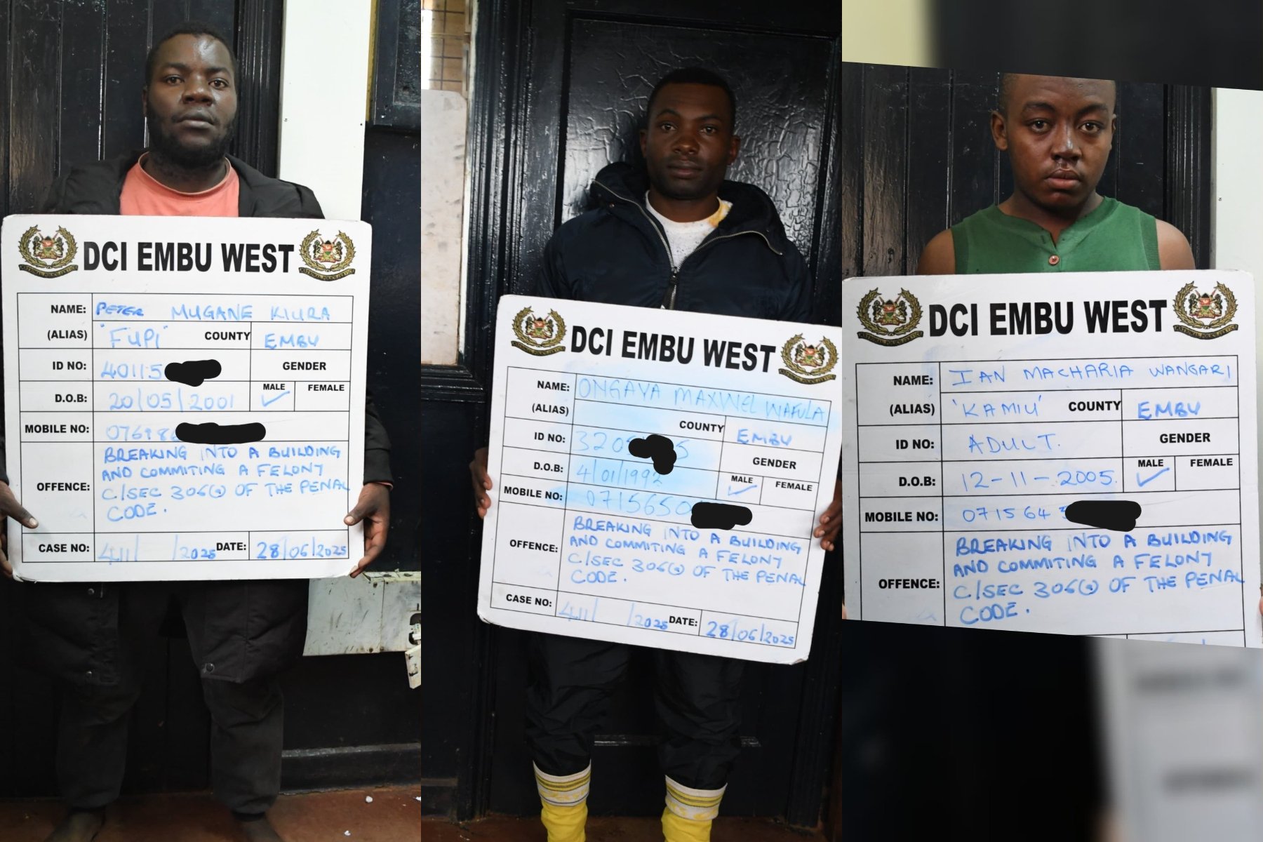Collage photo of suspects arrested in Embu County.